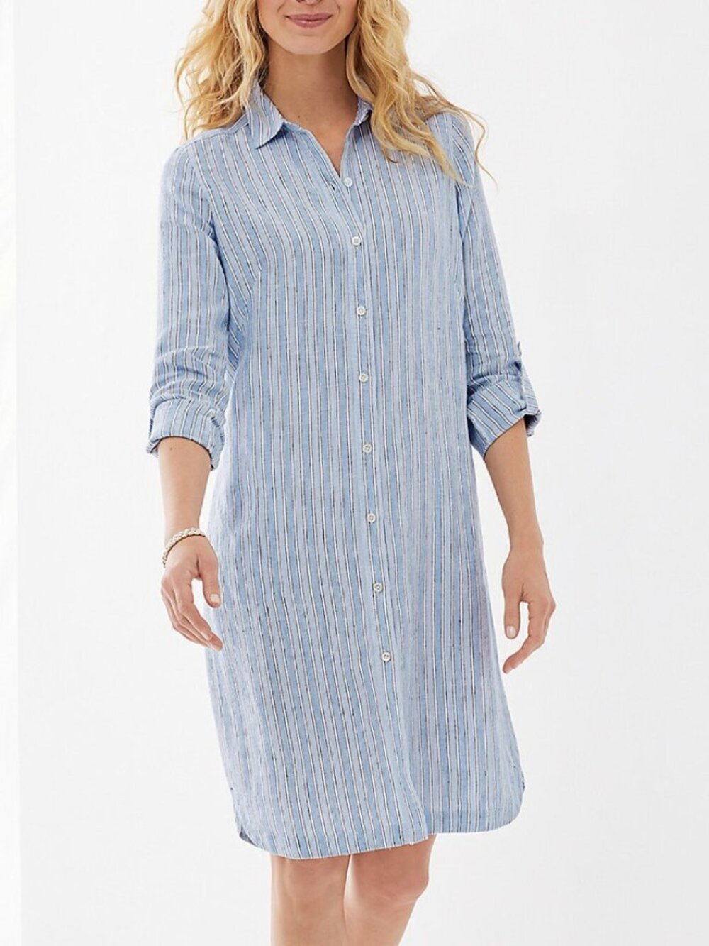 J.Jill Love Linen Blue Striped Shirt Dress XS Pockets Long Sleeve Coastal Button
